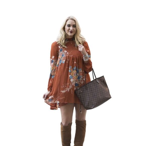 Leith Baby Doll Dress Women Small Burnt Orange Floral High Neck Cottagecore * - Picture 1 of 7